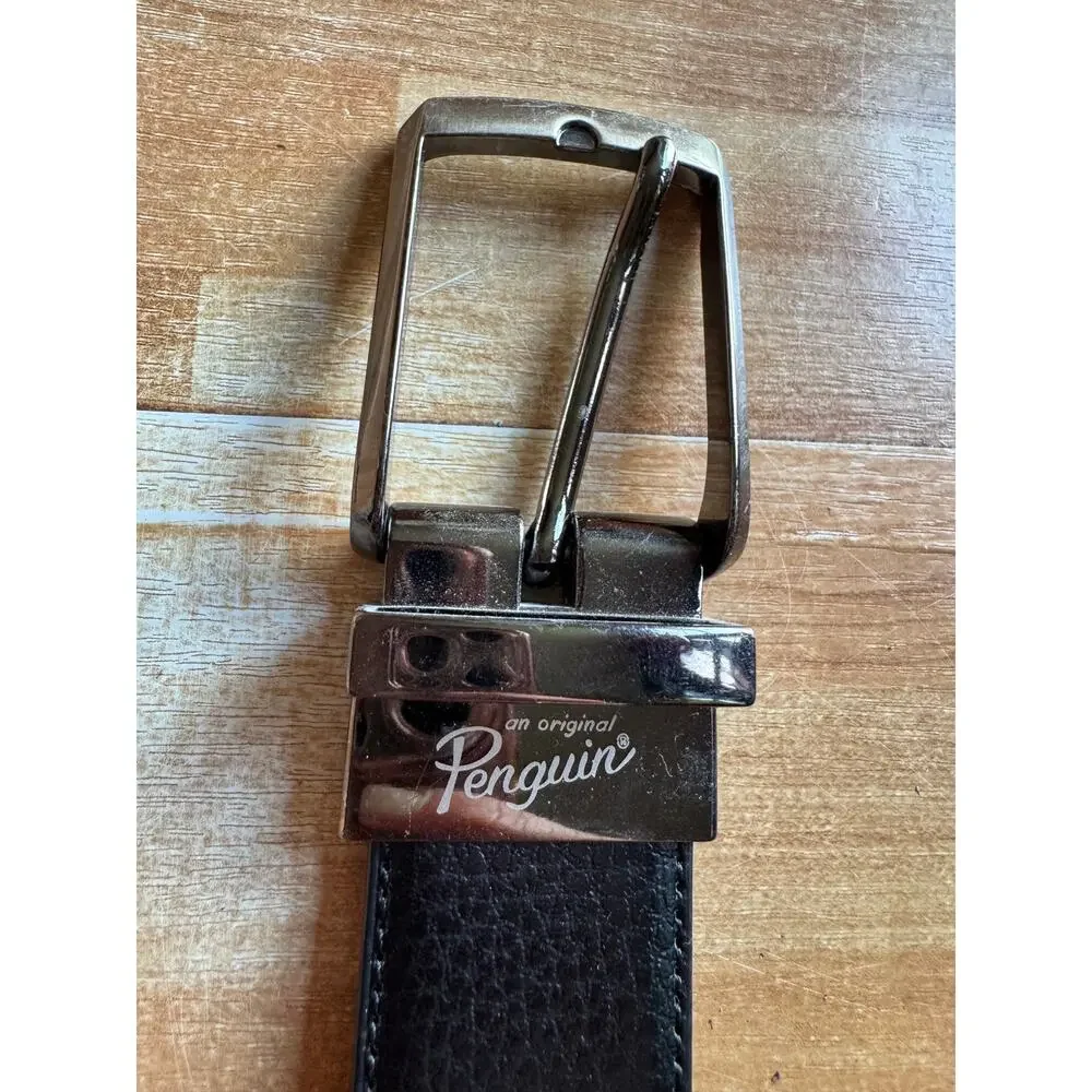 Original Penguin Men's Reversible Leather Belt Black Brown, Silver Buckle